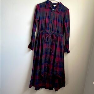 Plaid Long Sleeve Dress - Red and Blue